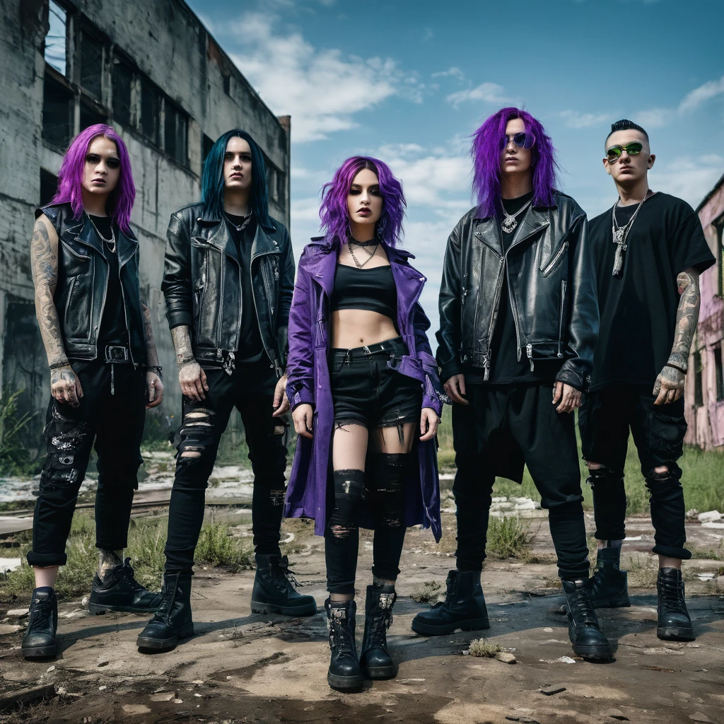 (Masterpiece, 8K, UHD, high resolution: 1.4), realistic photo of 5 members of a nu metal band, (2 women and 3 men: 1.2), (wearing 2000s nu metal style clothing: 1.3), (confident and dynamic pose for promo photo: 1.2), (background of an abandoned and worn-down location: 1.2), (some members with hair dyed blue, purple, or green: 1.2), (elements of alternative fashion and rebellious attitude: 1.3), (dark and industrial atmosphere: 1.3), (realistic and intricate details: 1.2), (elements of music and subculture: 1.2), (captivating and strong perspective: 1.3)