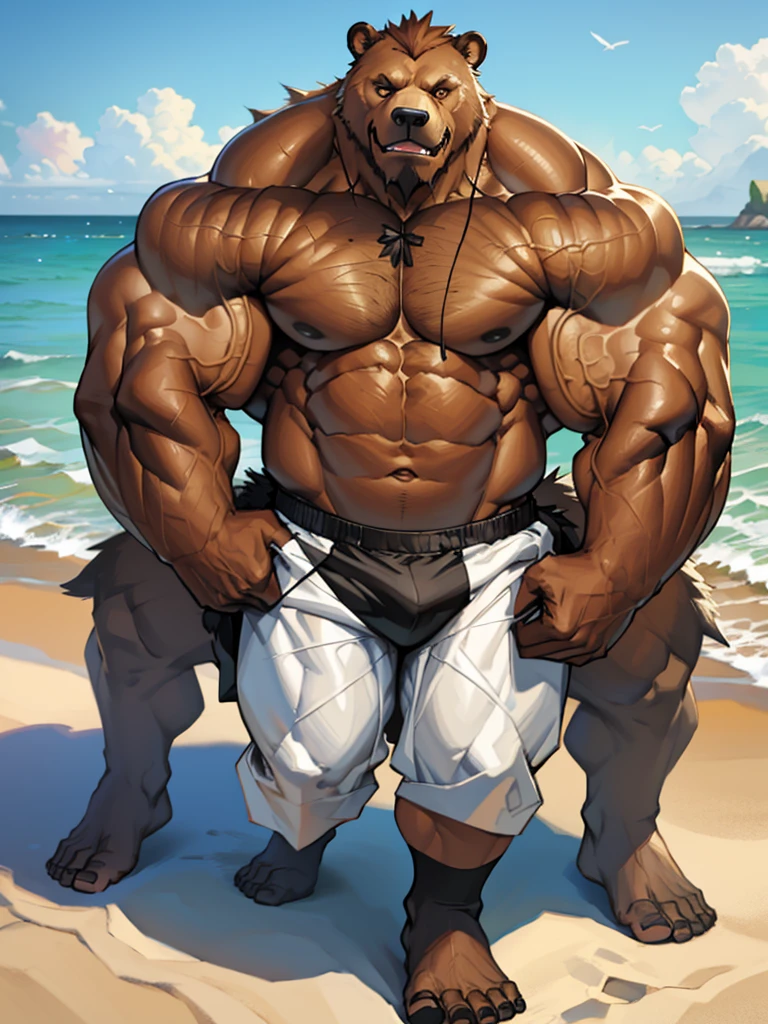Solo, 1boy, beach, extremely huge muscular, massive muscular, full-body, well-muscled Grizzly bear. ((extremely muscle size, super thick arms, huge pec, extremely wide pectoral, huge arms)). Black swim trunks, and add details to make it attractive and interesting. Add textures and details to make the image more realistic, such as the appearance of the brown fur texture and the appearance of the skin. Make sure the resulting image is high resolution, 8K quality."