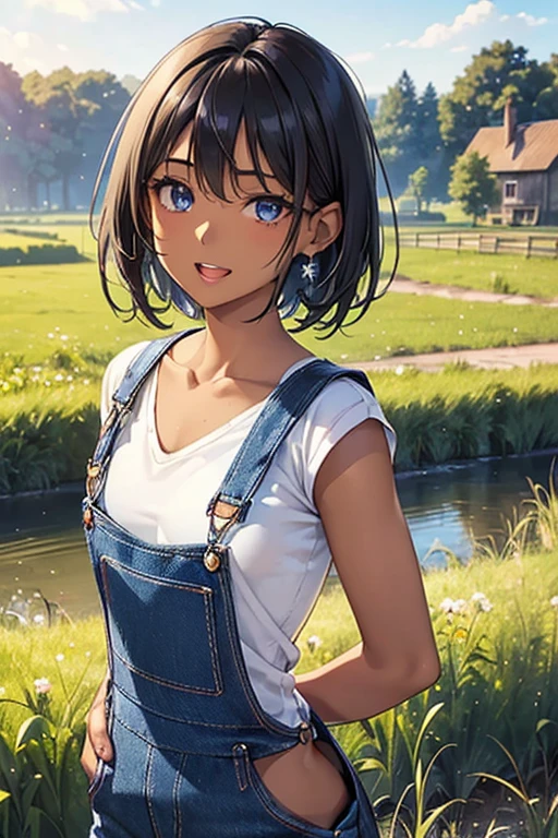 #Basics A girl is posing for a photo, animeのかわいい女の子, (((One Girl, Baby Face, Young girl, 16 years old))),
BREAK
#Clothing Accessories
((Blue denim overalls:1.4) + Under the overalls(Black short sleeve)Wearing a shirt + (Long blue denim jeans from the waist down) + Light blue sneakers),
Red gemstone earrings, fancy silver necklace,
BREAK
#Features
((Black Hair)), (Diagonal bangs), (Very short hair:0.3 + Thin Hair),
(Droopy eyes, blue eyes), (Small breasts), ((Tanned and dark skin:1.4)),
BREAK
#background environment
(noon、(Sunlit field, Waterways, Rural landscape, Watermill)),
#Facial Expression Pose
((smile:1.5 + Teeth are visible + Laughing with open mouth), (A relaxed pose with your arms naturally hanging down at your sides)),
#composition
((Face the camera, Cowboy Shot)),
BREAK
#Body parts elements
(Detailed hair, Beautiful Hair, Shiny Hair),
(double eyelid, Long eyelashes),
(Expression of fine eyes, Beautiful and delicate eyes, Sparkling eyes, Eye Reflexes, Glitter Eyeliner),
(Human Ear),
(Beautiful Nose, Thin Nose),
(Glossy lips, Beautiful Lips, Thick lips, Glossy Lips, Natural Cheeks),
(Detailed face, Symmetrical facial features),
(Detailed skin, Textured skin, Beautiful Skin, Shiny skin),
BREAK
#Quality
(((Highest quality)), ((masterpiece)), ((Very detailed))), ((High resolution), (16K,1080P)),
(Realistic), (Anatomically correct),
((comics, anime)), (3DCG), CG illustration,