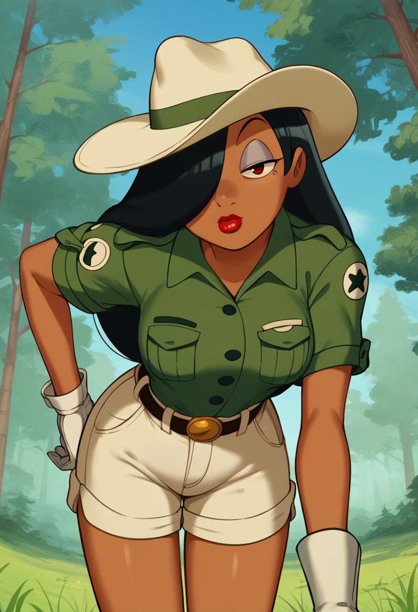 score_9, score_8_up, score_7_up, score_6_up, score_5_up, score_4_up, BREAK, source_anime,
1girl, jessicaranger, hair over one eye, black hair, black skin, long hair, red eyes, hat, green shirt, short sleeves, shorts, belt, white gloves, lipstick, makeup, ranger uniform, leaning forward, breasts focus, 
solo, looking at viewer, blue sky, grass, trees, forest background
 