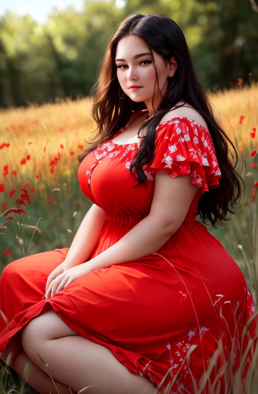 araffewoman in a red dress sitting in field of tall grass, in a grassy field, In a red sundress, in a meadow, in field, portrait in the middle of the shot, charming plus size model, girl wears a red dress, in a grass field, in field with flowers, In the grass, Photo from behind, natural beauty