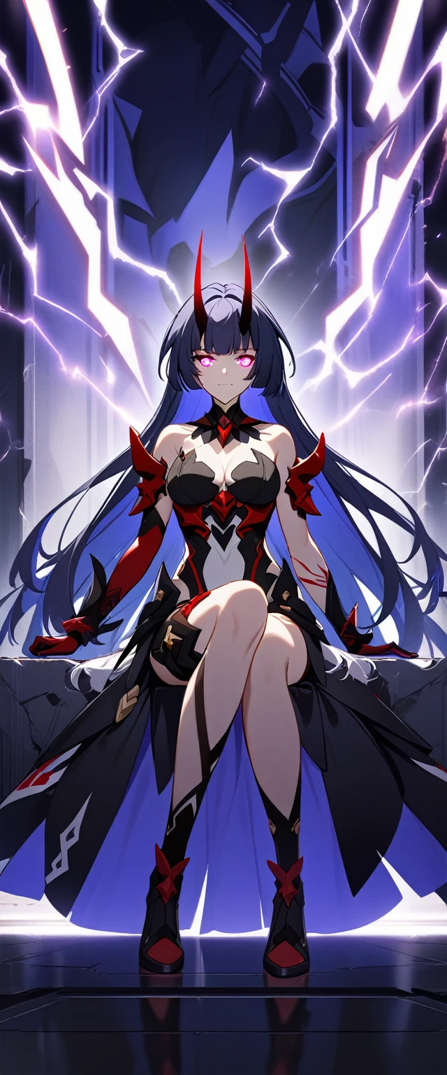 1girl, Raiden Mei \(Herrscher of Thunder), Honkai Impact 3rd, horns, electricity, glowing eyes, sit pupils, full body