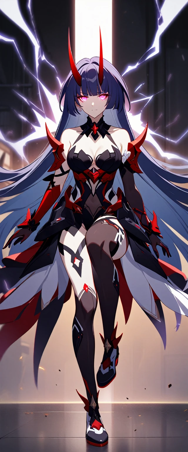 1girl, Raiden Mei \(Herrscher of Thunder), Honkai Impact 3rd, horns, electricity, glowing eyes, sit pupils, full body