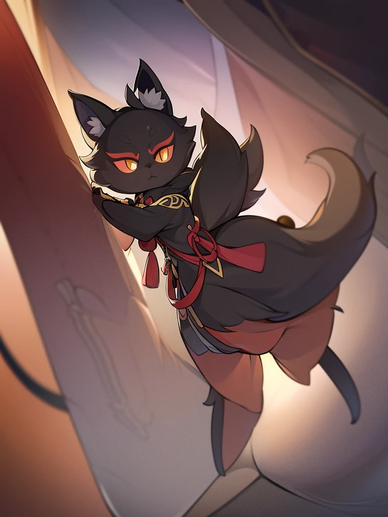 full height. anthropomorphic cat. little height. black fur. chinese costume. ribbons. pancake tail. long ears. thin cat paws. no hair