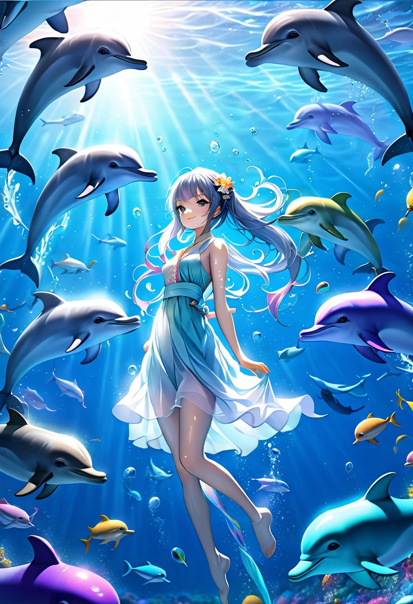 A picture of a dolphin swimming in a colorful sea, Light blue long hair、Beautiful girl with twin tails、Inspired by Cyril Rolland, Beautiful artwork illustration, Colorful concept art, Cyril Rolland style,, Very detailedな水彩画 8k, Very detailedな水彩画 8 K,Octane,end,Realistic,Clear lines, High Sharpness,Highest quality, Very detailed, Master Parts, Cinematic lighting effects, 4K )