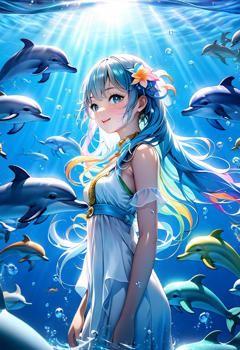 A picture of a dolphin swimming in a colorful sea, Light blue long hair、Beautiful girl with twin tails、Inspired by Cyril Rolland, Beautiful artwork illustration, Colorful concept art,  Cyril Rolland style,, Very detailedな水彩画 8k, Very detailedな水彩画 8 K，Octane，end，Realistic，Clear lines, High Sharpness,Highest quality, Very detailed, Master Parts, Cinematic lighting effects, 4K )