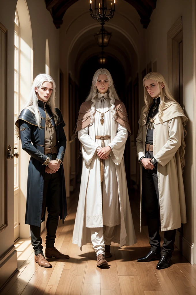 Three young men wearing noble clothes, medieval style, are framing a fourth boy. the fourth boy has long white hair and wears simple clothes, but your gaze is firm and fearless. corridor of a mansion.
