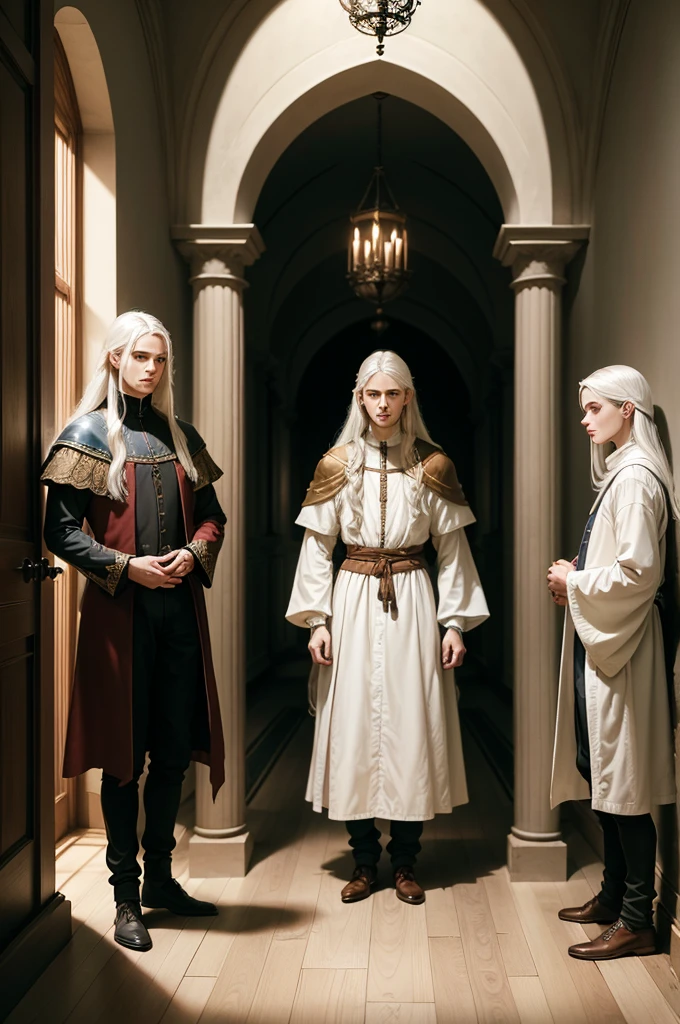 Three young men wearing noble clothes, medieval style, are framing a fourth boy. the fourth boy has long white hair and wears simple clothes, but your gaze is firm and fearless. corridor of a mansion.