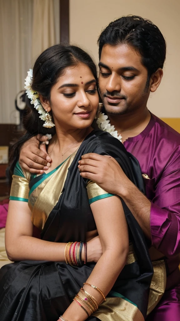 a  50-year-old shirtless man  affectionately hugging and kissing aradiant, full-figured South Indian plus-sized 30 year old teacher wearing a black silky saree in  dressing room, captured in a full-body image with vibrant hues and meticulous details. Full body image