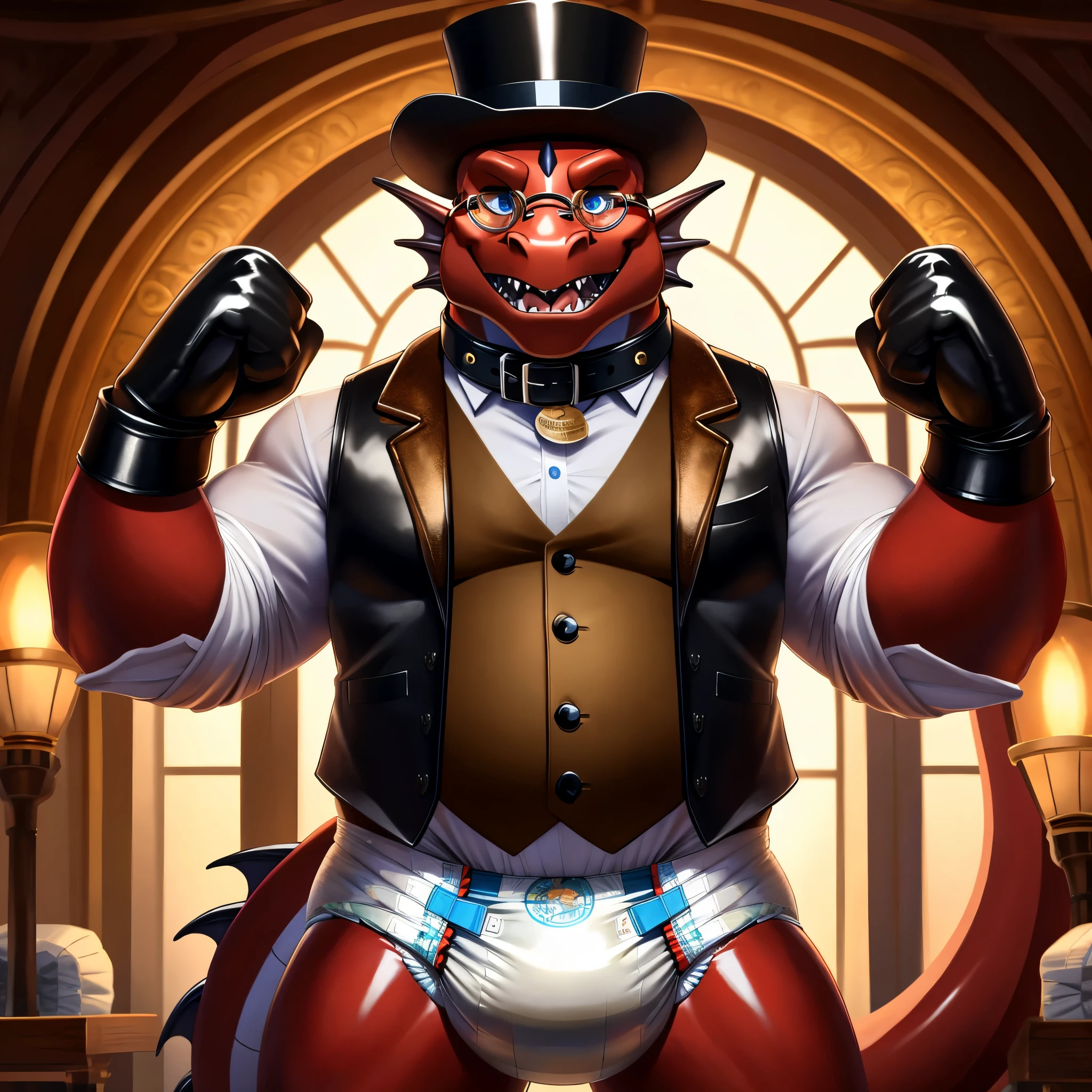 Solo, Male, fat, extremely obese, gentleman, dapper Professor Dragon, blue eyes, (posing:1.3), (soft shading), 4k, hi res, ((detailed face, detailed)), looking at viewer, mouth wide open, steampunk, collared shirt with buttons, top hat, male focus, Explorer Outfit, glasses, monocle, vest with buttons, sleeves rolled up, round eyewear, brown headwear, brown vest, Dragon is wearing a glossy leather dog collar around the neck, Dragon is wearing the leather collar and shirt and vest at the same time, Dragon is wearing glossy white rubber gloves on the hands, wearing white rubber gloves on the feet, gloves are rubber in texture, clenching teeth, clenching fists, leather collar is glossy and shiny with a lot of detail, Dragon is wearing gloves and leather collar at the same time, leather collar has a round dog-tag, leather collar is thick and detailed, leather collar is glossy and shiny, fancy clothing, dapper vest, dapper shirt, leather collar is thick, glossy leather collar, Dragon is wearing a diaper, diaper is dirty.