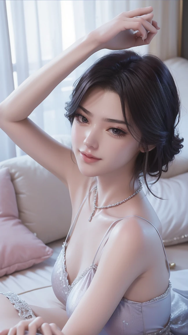 1girl, cheerful girl, carefree and happy, smiling, laughing, The girl is wearing a beautiful dress, the girl's eyes are bright and sparkling, very beautiful, cute and sweet ,The girl is in the bedroom 