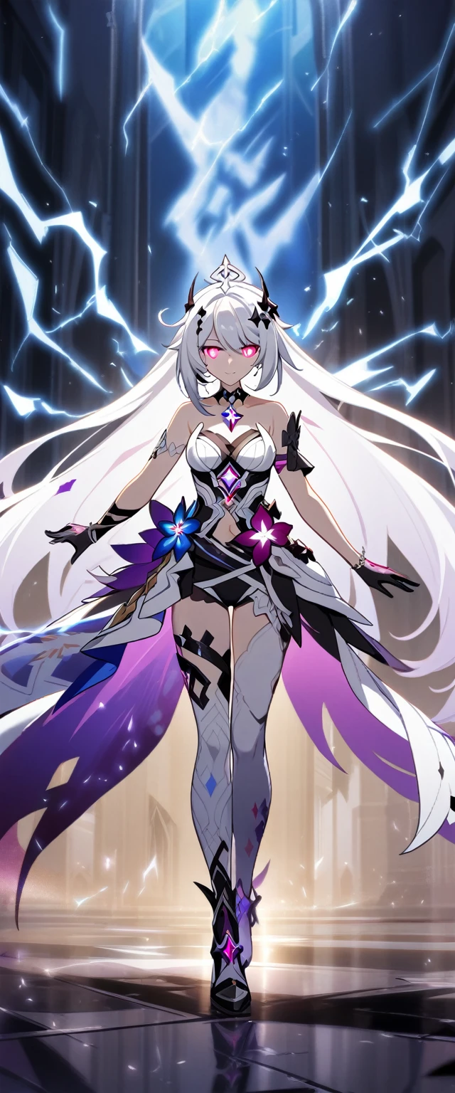 1girl, Kiana Kaslana \(Herrscher of Finality), Honkai Impact 3rd, horns, electricity, glowing eyes, full body