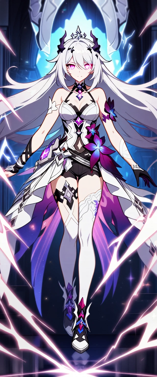 1girl, Kiana Kaslana \(Herrscher of Finality), Honkai Impact 3rd, horns, electricity, glowing eyes, full body