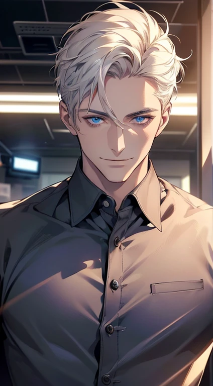 (best quality, masterpiece, 8K, photorealistic, cinematic lighting, hdr image, ultra detailed, beautiful image), 1 man, 31 years old, mature man, very handsome, (without expression, smile), short white hair, blue eyes ( penetrating gaze), perfect face without errors, imposing posture, without errors, businessman, office background