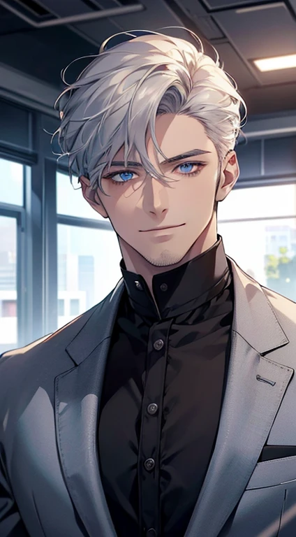 (best quality, masterpiece, 8K, photorealistic, cinematic lighting, hdr image, ultra detailed, beautiful image), 1 man, 31 years old, mature man, very handsome, (without expression, smile), short white hair, blue eyes ( penetrating gaze), perfect face without errors, imposing posture, without errors, businessman, office background