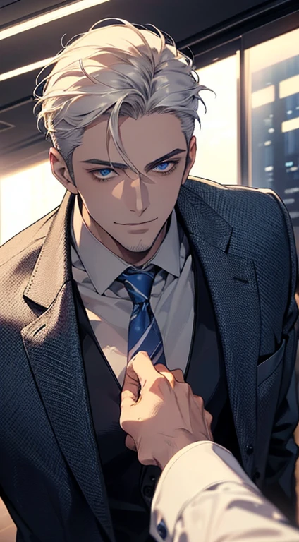 (best quality, masterpiece, 8K, photorealistic, cinematic lighting, hdr image, ultra detailed, beautiful image), 1 man, 31 years old, mature man, very handsome, (without expression, smile), short white hair, blue eyes ( penetrating gaze), perfect face without errors, imposing posture, without errors, businessman, office background