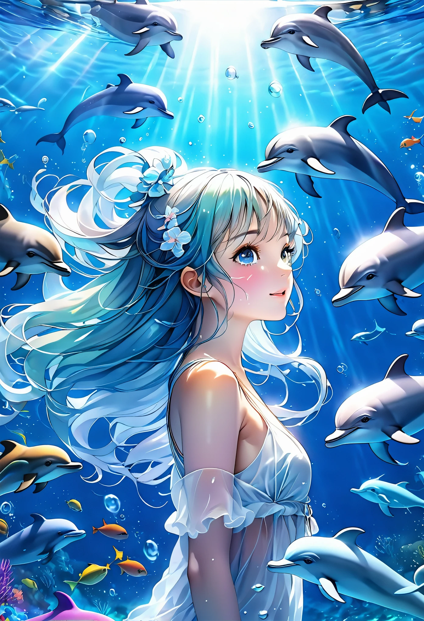 A picture of a dolphin swimming in a colorful sea, Light blue long hair、Beautiful girl with twin tails、Inspired by Cyril Rolland, Beautiful artwork illustration, Colorful concept art, Cyril Rolland style, Very detailedな水彩画 8k, Very detailedな水彩画 8 K,Octane,end,Realistic,Clear lines, High Sharpness,Highest quality, Very detailed, Master Parts, Cinematic lighting effects, 4K