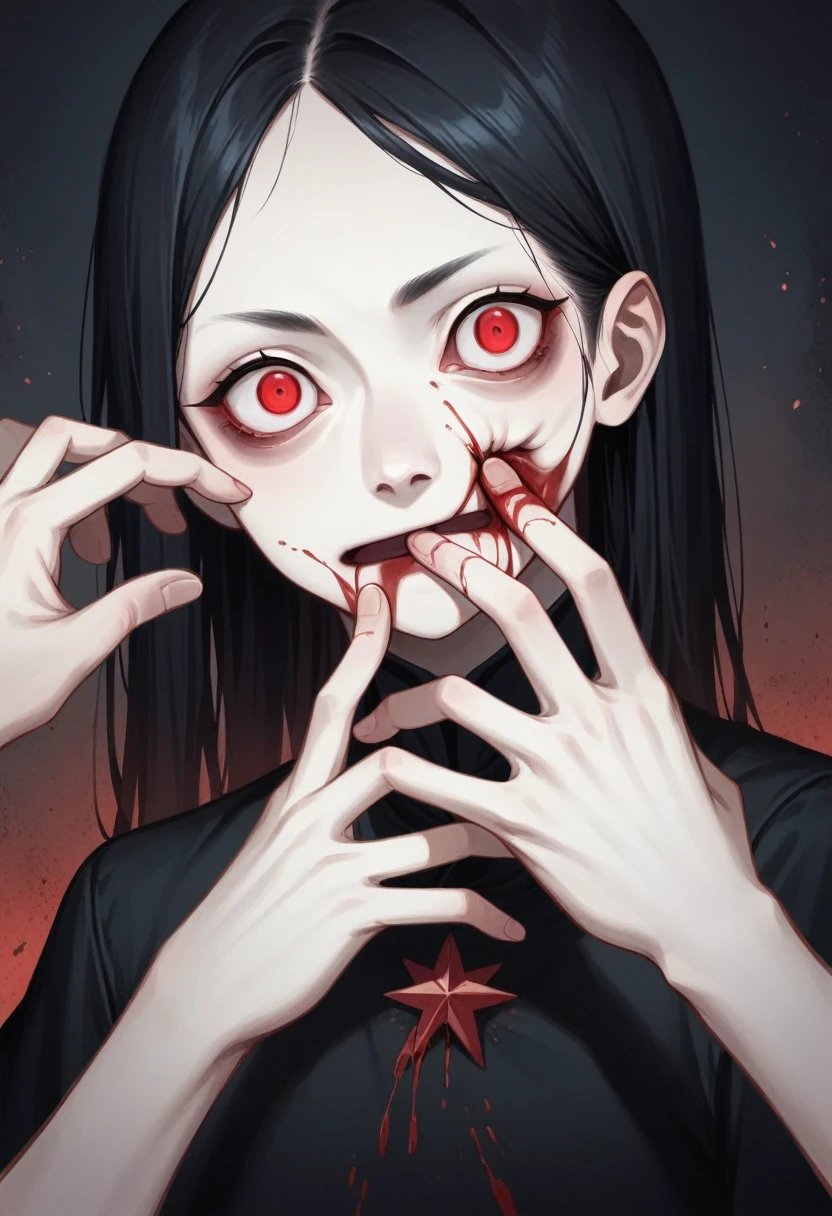 Best Quality)), ((Masterpiece)), (detailed: 1.4), black dress, dark black hair, black hime cropped fur, bright red eyes, dark background, dark environment, scary, This is Junji, June is inspired, inspired by japanese horror, hands up, open fingers, grasping to do, fingers grabbing the face, bleeding eyes, looking at the viewer, evil, Closed mouth