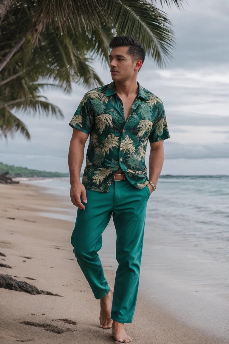 8k uhd, dslr, high quality , RAW photo, Realistic Photography , Full Body, Fujifilm XT3, Canon R5, Handsome Men , beach , Hawaiian shirt and loose green pants