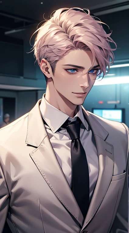 (Highest quality,4K,8K,High resolution,masterpiece:1.2),Super detailed,(Realistic,photoRealistic,photo-Realistic:1.37),1 person,31 years old,Mature Men,Beautiful skin、Profile、very handsome,Expressionless,smile,Short gray pink hair,blue eyes,Sharp Eyes,A perfect face without a doubt,Businessman,Office Background,Cinema Lighting,HDR image,tie、
