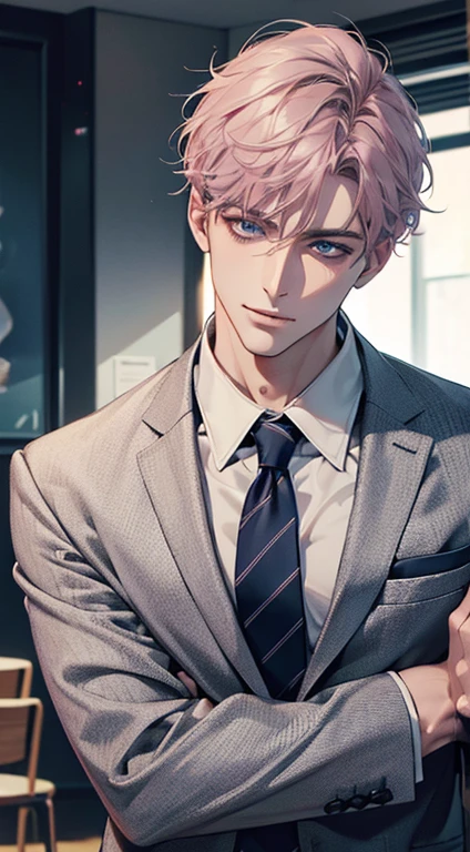 (Highest quality,4K,8K,High resolution,masterpiece:1.2),Super detailed,(Realistic,photoRealistic,photo-Realistic:1.37),1 person,31 years old,Mature Men,Beautiful skin、Profile、very handsome,Expressionless,smile,Short gray pink hair,blue eyes,Sharp Eyes,A perfect face without a doubt,Businessman,Office Background,Cinema Lighting,HDR image,tie、