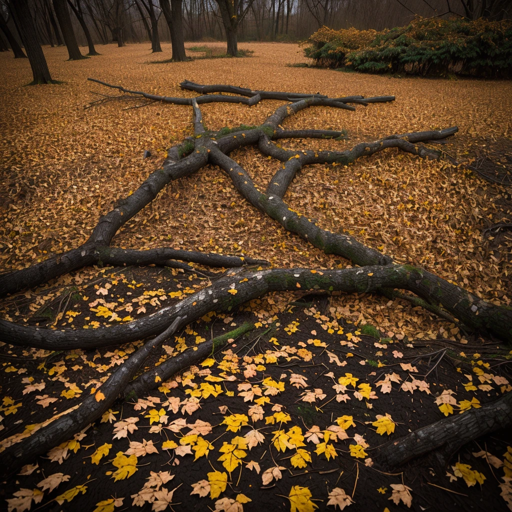 A patch of fertile black soil covered with fallen leaves and dead branches