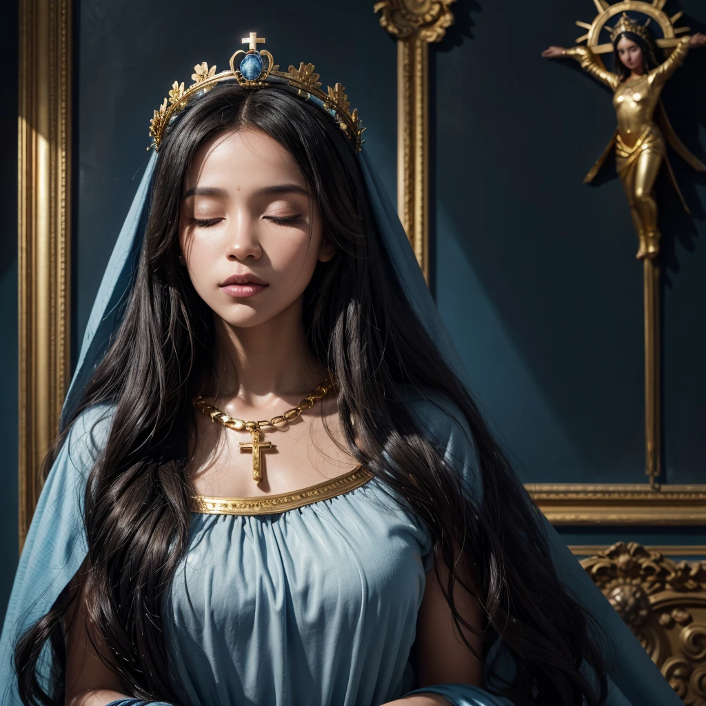 Painting of a black woman, curly hair, holding a bouquet of flowers in her hands, with a blanket and long veil on her head in Blue colors, with details in pure gold, black features on her face and with her eyes closed, woman of a saint, Virgin Mary, with a crown on his head made of gold with a cross on top. Blue sky background in painting, with sunlight behind Portrait of Our Lady of Aparecida, Virgin Mary, Saint of beautiful gold, black skin, female goddess, Catholic religious art, Catholic icon, queen of heaven, masterpiece, patroness from Brazil.