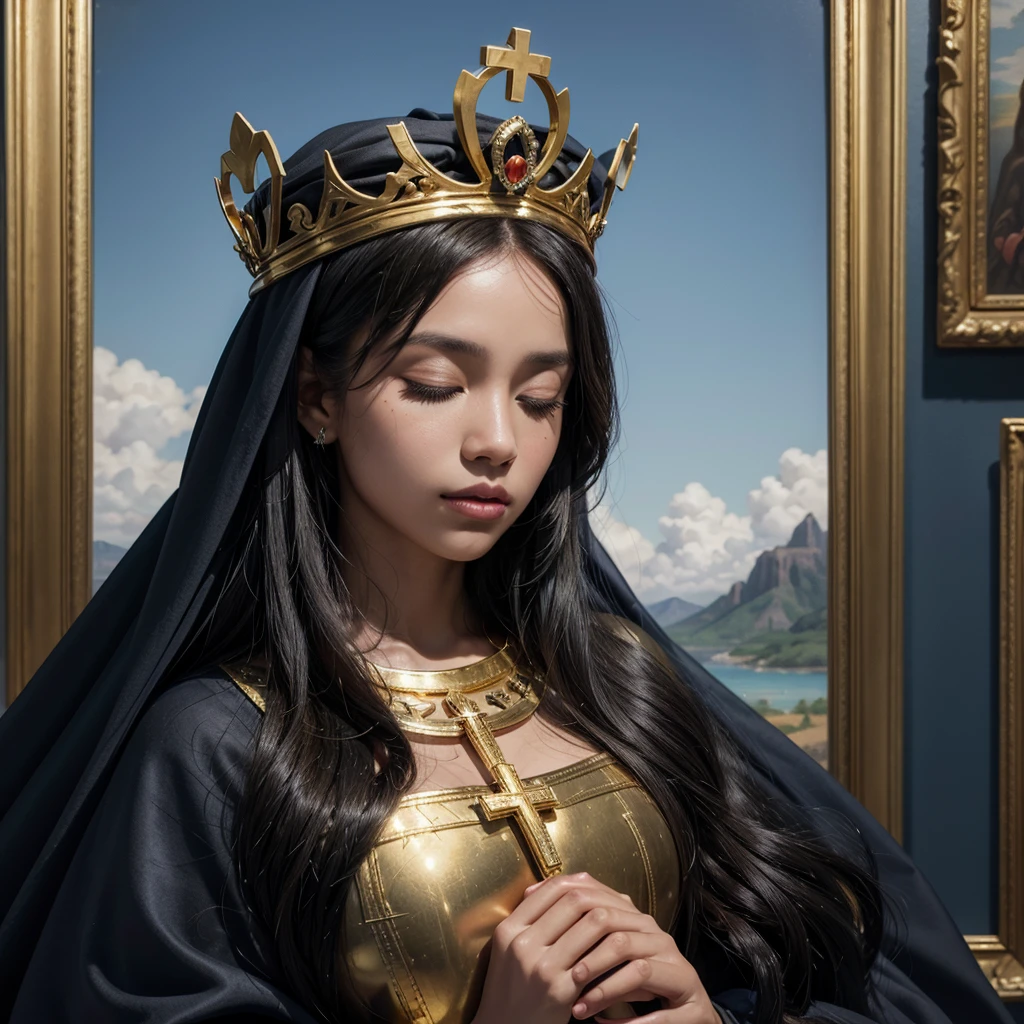 Painting of a black woman, curly hair, holding a bouquet of flowers in her hands, with a blanket and long veil on her head in Blue colors, with details in pure gold, black features on her face and with her eyes closed, woman of a saint, Virgin Mary, with a crown on his head made of gold with a cross on top. Blue sky background in painting, with sunlight behind Portrait of Our Lady of Aparecida, Virgin Mary, Saint of beautiful gold, black skin, female goddess, Catholic religious art, Catholic icon, queen of heaven, masterpiece, patroness from Brazil.
