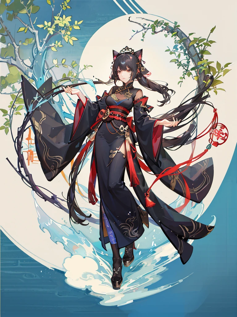 full height. anthropomorphic cat. little height. black fur. chinese costume. ribbons. pancake tail. long ears. thin cat paws. no hair
