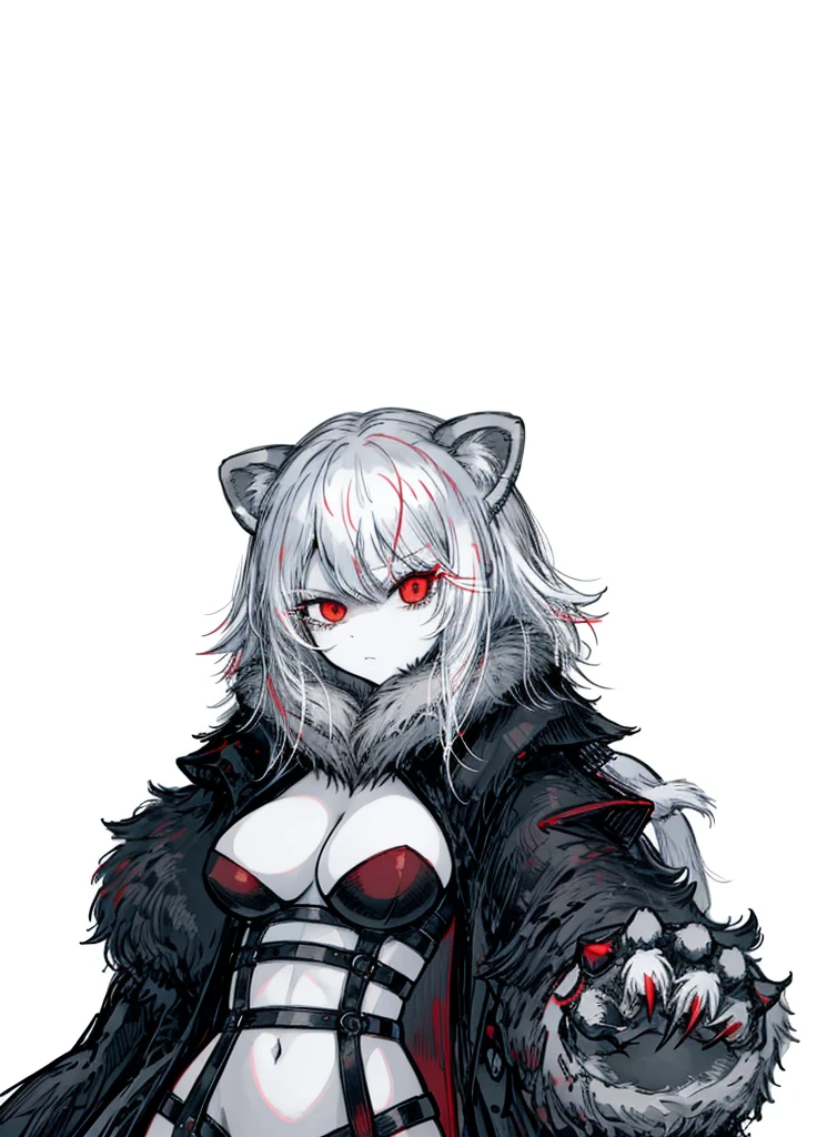 1girl ,white hair,red eyes, pale fur beast, lion's ears, polar, nice clothes,red claws, (high resolution, high detail, best quality), angry, medium tits