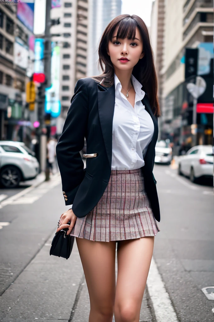 a 17 year old girl, she is the most beautiful actress in the world, the perfect body proportions of this girl, the blazer is appropriately buttoned up on her waist area of the shirt and the short skirt that she wears, her crotch area of the panties between her bare legs are hardly hidden by the short skirt, it's just the front of her body, it's just one description, it from right above her head to right below her shins are within the space, she is standing straight at the street, nsfw, best quality, highly detailed, masterpiece, ultra high res, photo realistic, 8k, RAW photo