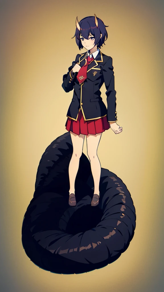 1girl ,20s,mature female,short hair,dark blue hair,oni horns,(simple background),red necktie,black jacket, blazer,long sleeves,pleated skirt,full body