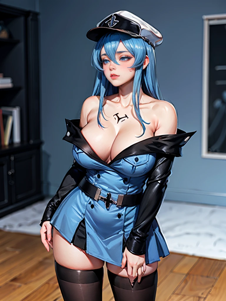 (artwork, best quality) a girl with long blue hair, blue eyes, blue eyelashes, black mini skirt, long black pantyhose, black off shoulder dress, wearing black captain's hat, tattoo, big breasts, perfect body, 4k hd, blushing, embarrassed, in a room