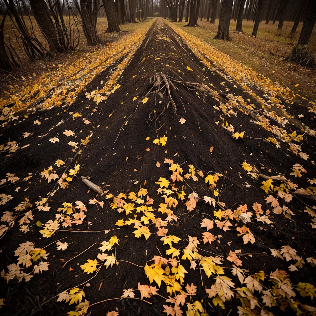 A patch of fertile black soil covered with fallen leaves and dead branches