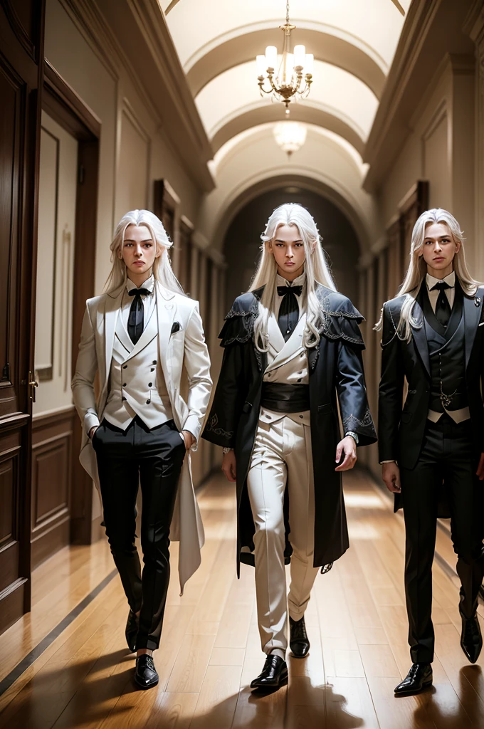 Three young men wearing noble clothes, are framing a boy with long white hair and wearing simple clothes, but your gaze is firm and fearless. corridor of a mansion.
