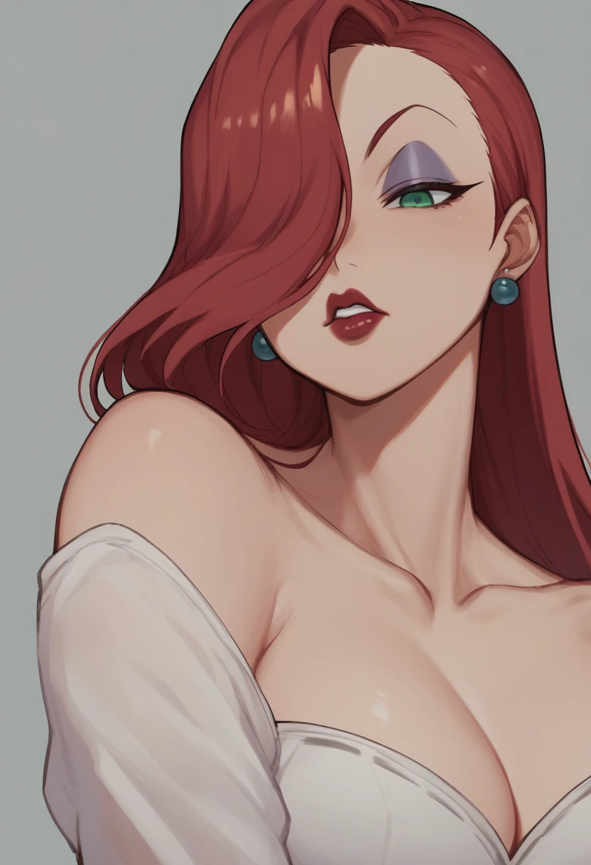 score_9, score_8_up, score_7_up, score_6_up, score_5_up, score_4_up, BREAK, source_anime, 1girl, red hair, long hair, hair over one eye, green eyes, lipstick, makeup, earrings