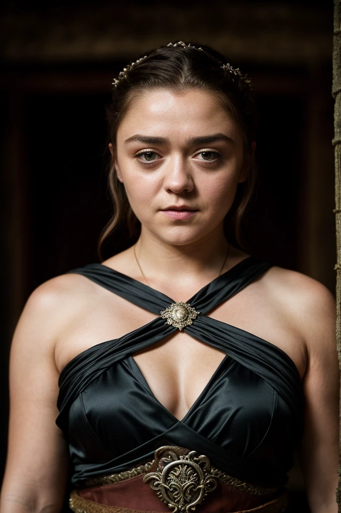 Foto RAW, Arya Stark, Stunning Beauty, Ravishing, Enchantress, Extremely gorgeous lady, Arya Stark PLAYED BY MAISIE WILLIAMS, Queen Arya Stark, she a mature woman now, milf, thick and fleshy figure, heavy figure, mommy figure, full figured woman,
bulky figure, sexy mediaeval battle dress, gladiator woman, body, 50 years old Woman, Roman slave dress, cotton dress, busty mediaeval costumes, body revealing costumes, perky breast, big natural breast, erotic costumes, lusty physique, seductive figure can capture every people's attention, Game of thrones costumes, revealing captivating figure, Mediaeval costumes, revealing clothes, A tomboy, she would rather fence than dance, warrior queen , game of thrones screen caps, Game of Thrones Series, (pele altamente detalhada: 1.2), 8k UHD, DSLR, soft-lighting, alta qualidade, grain of film, Fujifilm XT3, flawless picture, highly detailed, detailed Beauty, intricate, 32k, sharp picture,