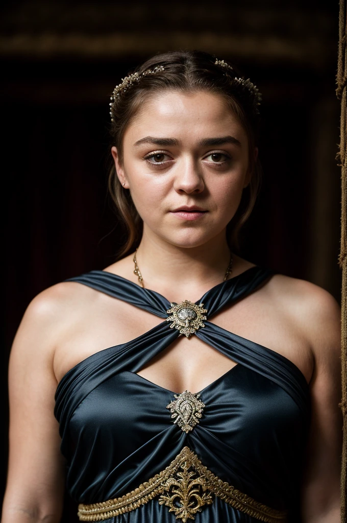 Foto RAW, Arya Stark, Stunning Beauty, Ravishing, Enchantress, Extremely gorgeous lady, Arya Stark PLAYED BY MAISIE WILLIAMS, Queen Arya Stark, she  a mature woman now, milf, thick and fleshy figure, heavy figure, mommy figure, full figured woman, 
bulky figure, sexy mediaeval battle dress, gladiator woman, body, 50 years old Woman, Roman slave dress, cotton dress, busty mediaeval costumes, body revealing costumes, perky breast, big natural breast, erotic costumes, lusty physique, seductive figure can capture every people's attention, Game of thrones costumes, revealing captivating figure, Mediaeval costumes, revealing clothes, A tomboy, she would rather fence than dance, warrior queen , game of thrones screen caps, Game of Thrones Series, (pele altamente detalhada: 1.2), 8k UHD, DSLR, soft-lighting, alta qualidade, grain of film, Fujifilm XT3, flawless picture, highly detailed, detailed Beauty, intricate, 32k, sharp picture,