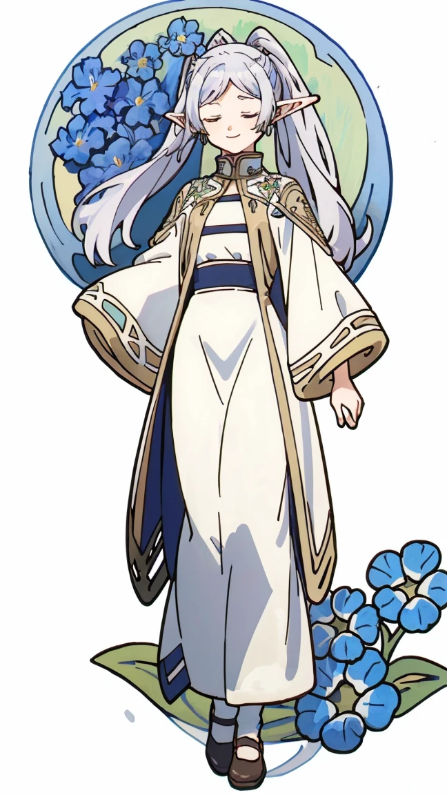 masterpiece, best quality,
Closed eyes, silver hair, solo,bangs, ((art nouveau)), ((blue flowers)), elf, long silver hair, ((ponytails)), ((standing)), ((levitating)), wind, gentle smile, white dress, looking down, full body