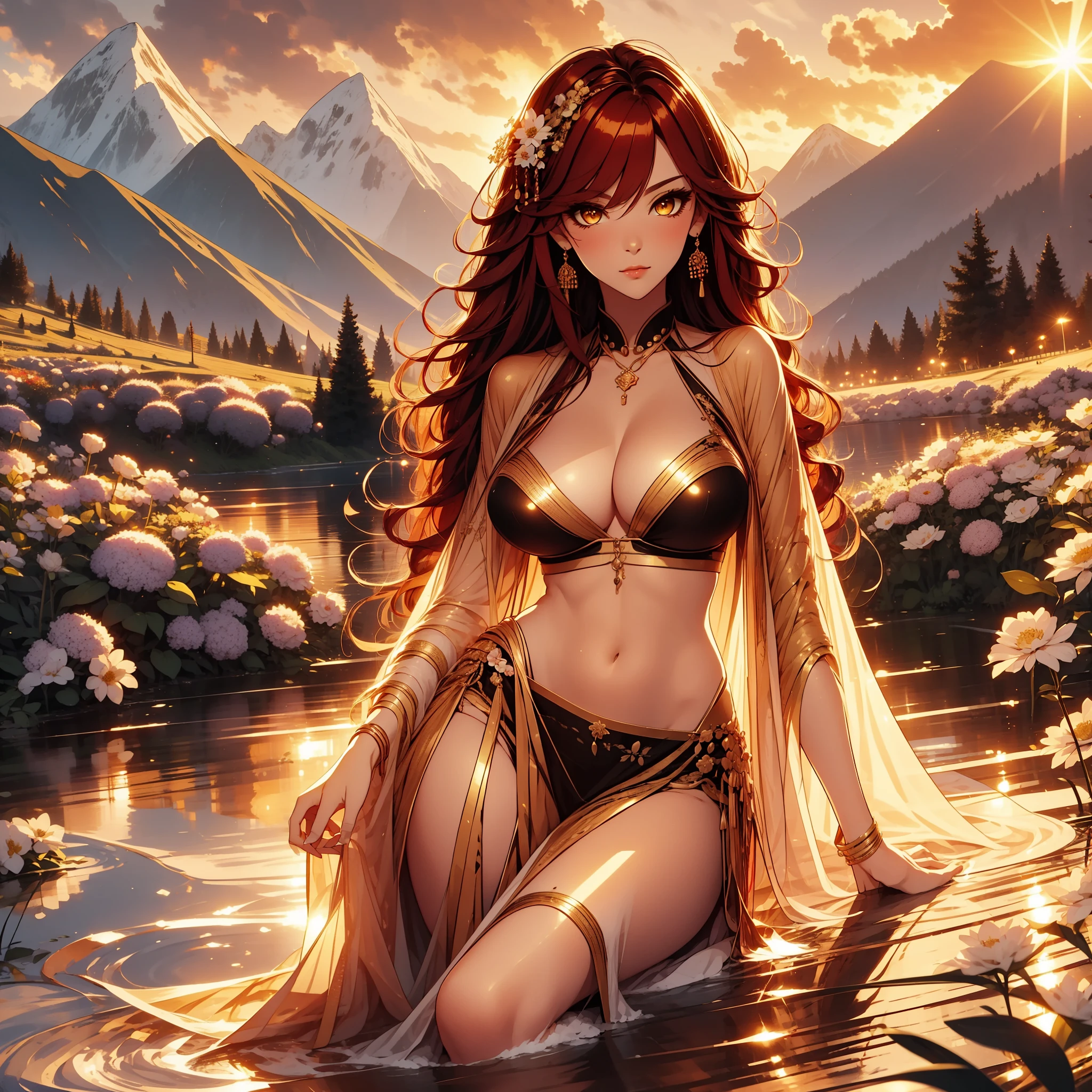 beautiful, marika, queen marika, black dress, deep cleavage, wavy red hair, golden eyes, bra, sexy, sensual, flower garden, mountains in the background, full body image, perfect anatomy,