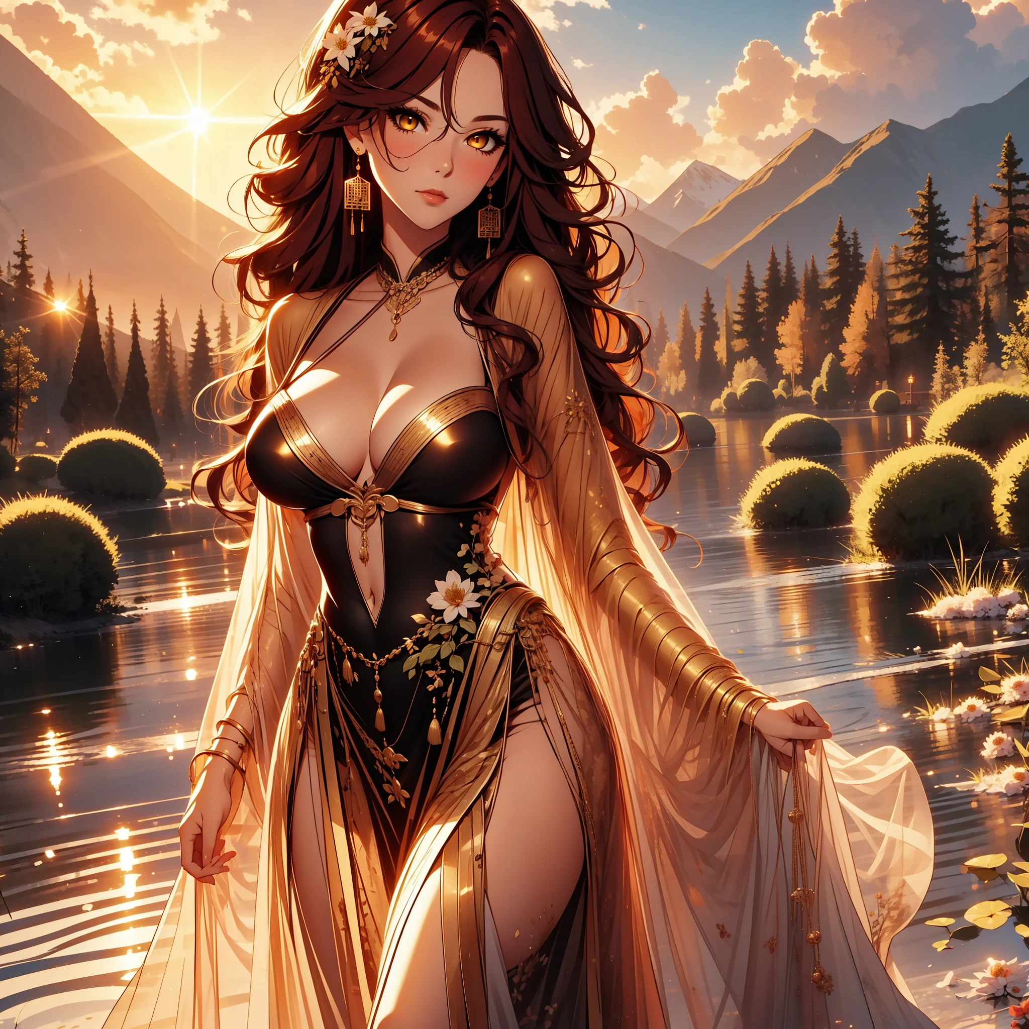 beautiful, marika, queen marika, black dress, deep cleavage, wavy red hair, golden eyes, bra, sexy, sensual, flower garden, mountains in the background, full body image, perfect anatomy,