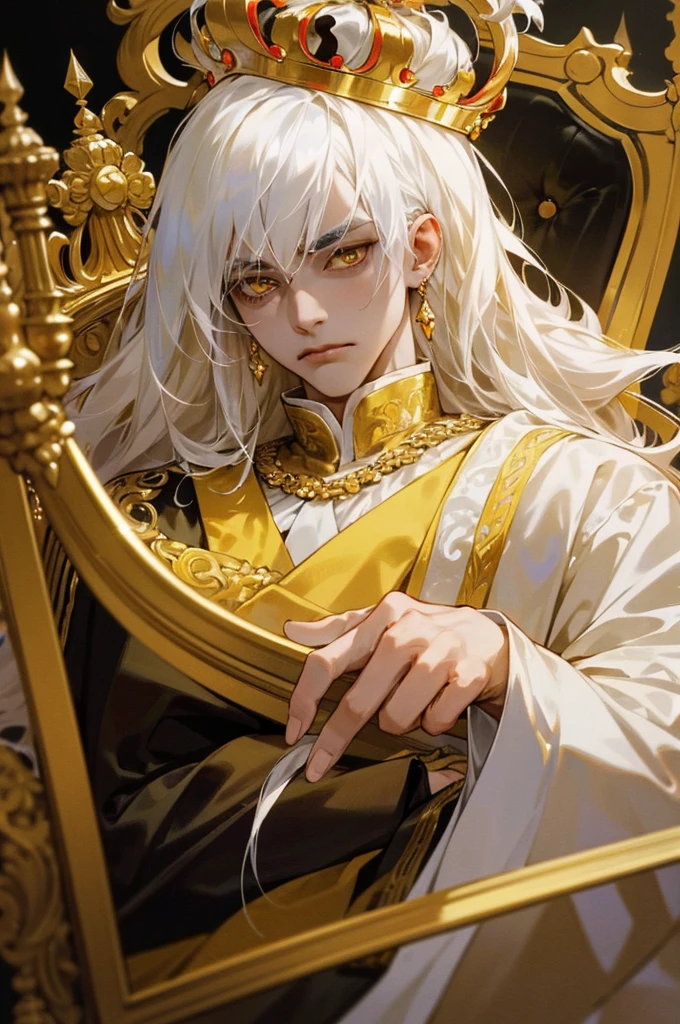  regal anime king with striking white hair cascading down to his shoulders and piercing yellow eyes that glow with intensity, positioned on a grand, ornate throne, lavish golden crown resting on his brow, opulent royal robes wrapped around his strong frame, dimly lit regal chamber, ultra detailed, high contrast, digital render, vivid colors, dramatic lighting.