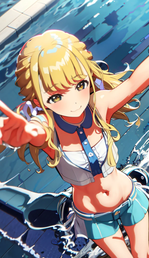 Blonde on the sea, floating on a swim ring, bikini, cute smile, arms outstretched, splashing water, flushed cheeks