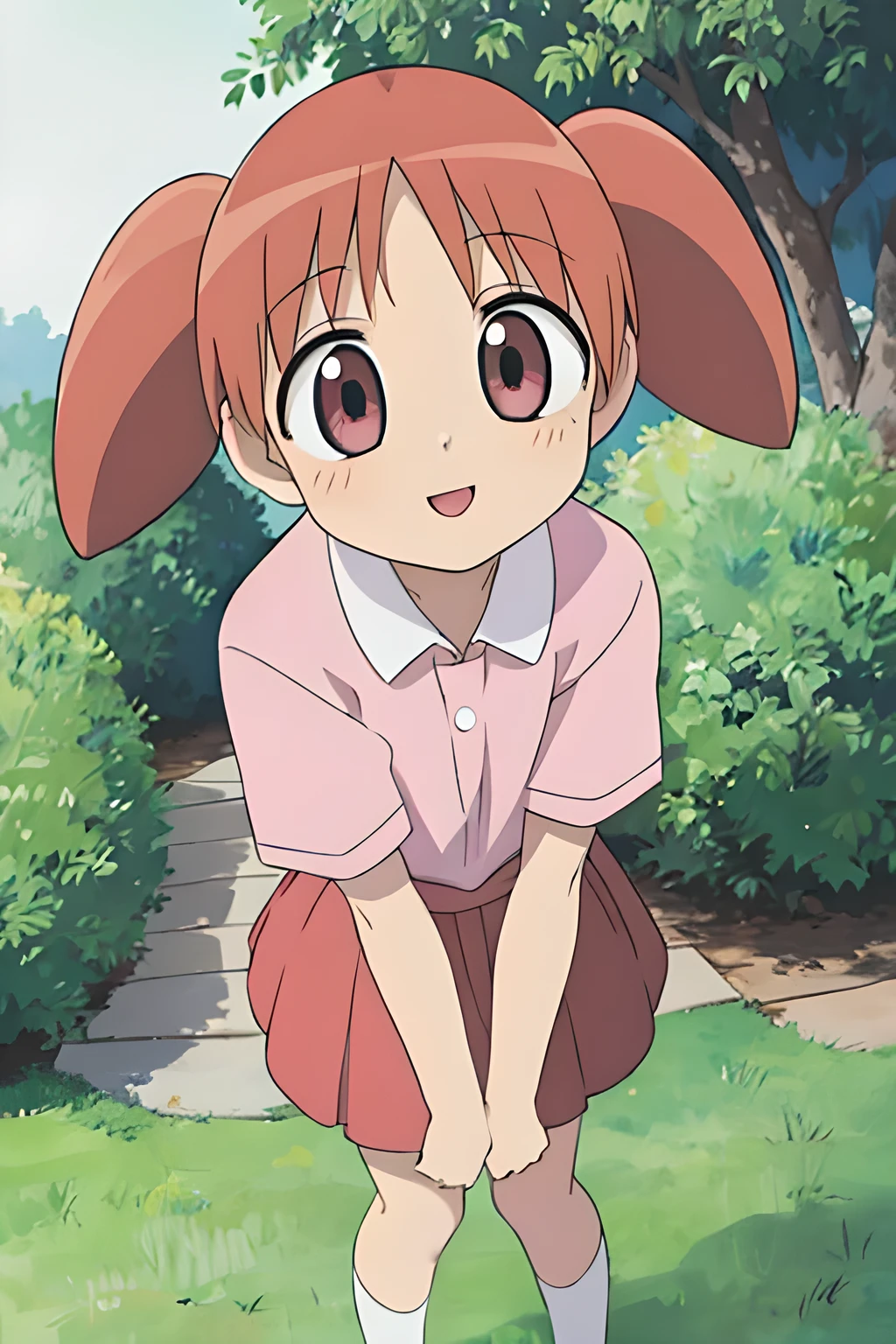 masterpiece, best quality, highres, 1girl, beautiful detailed eyes, beautiful detailed lips, extremely detailed eyes and face, long eyelashes, chiyo, high twin tail, manga, comic, cute pose, dynamic angle, light pink shirt, red skirt, pink shoes, smiling, park, outdoors, vibrant colors, warm lighting, detailed background, intricate details, photorealistic, studio lighting