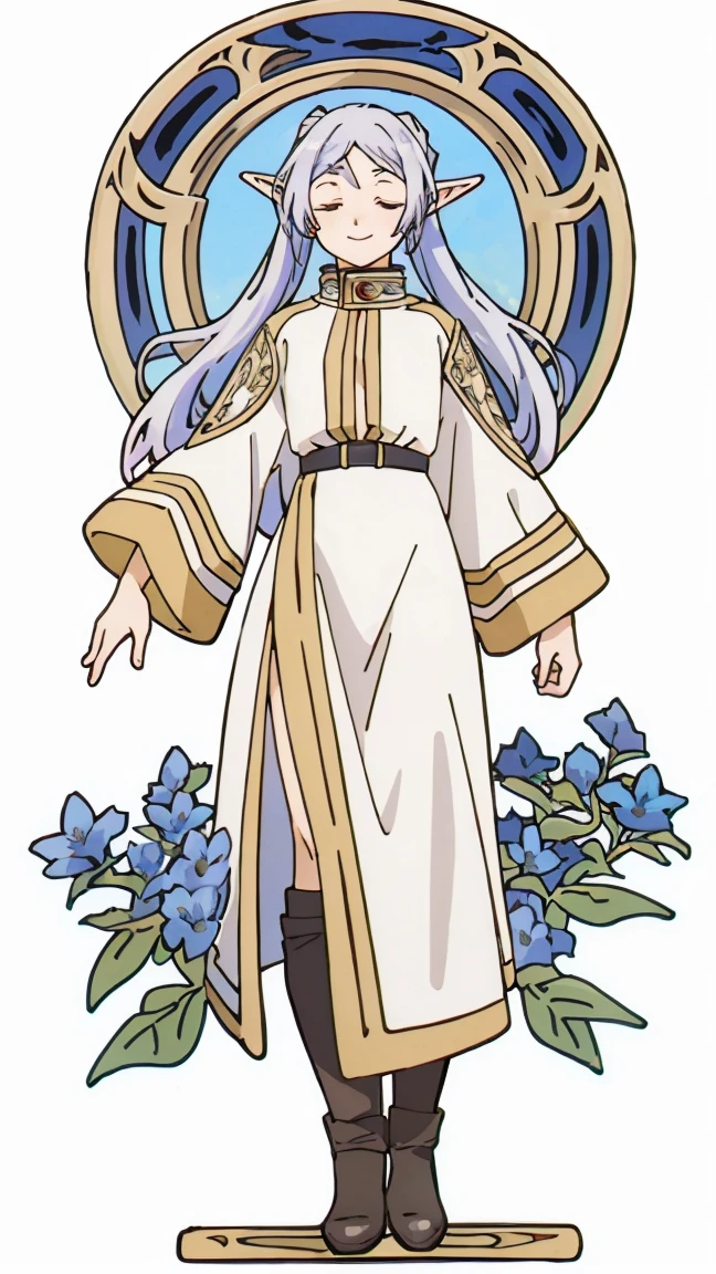 masterpiece, best quality,
Closed eyes, silver hair, solo,bangs, ((art nouveau)), ((blue flowers)), elf, long silver hair, ((ponytails)), ((standing)), ((levitating)), wind, gentle smile, white dress, looking down, full body, gold
