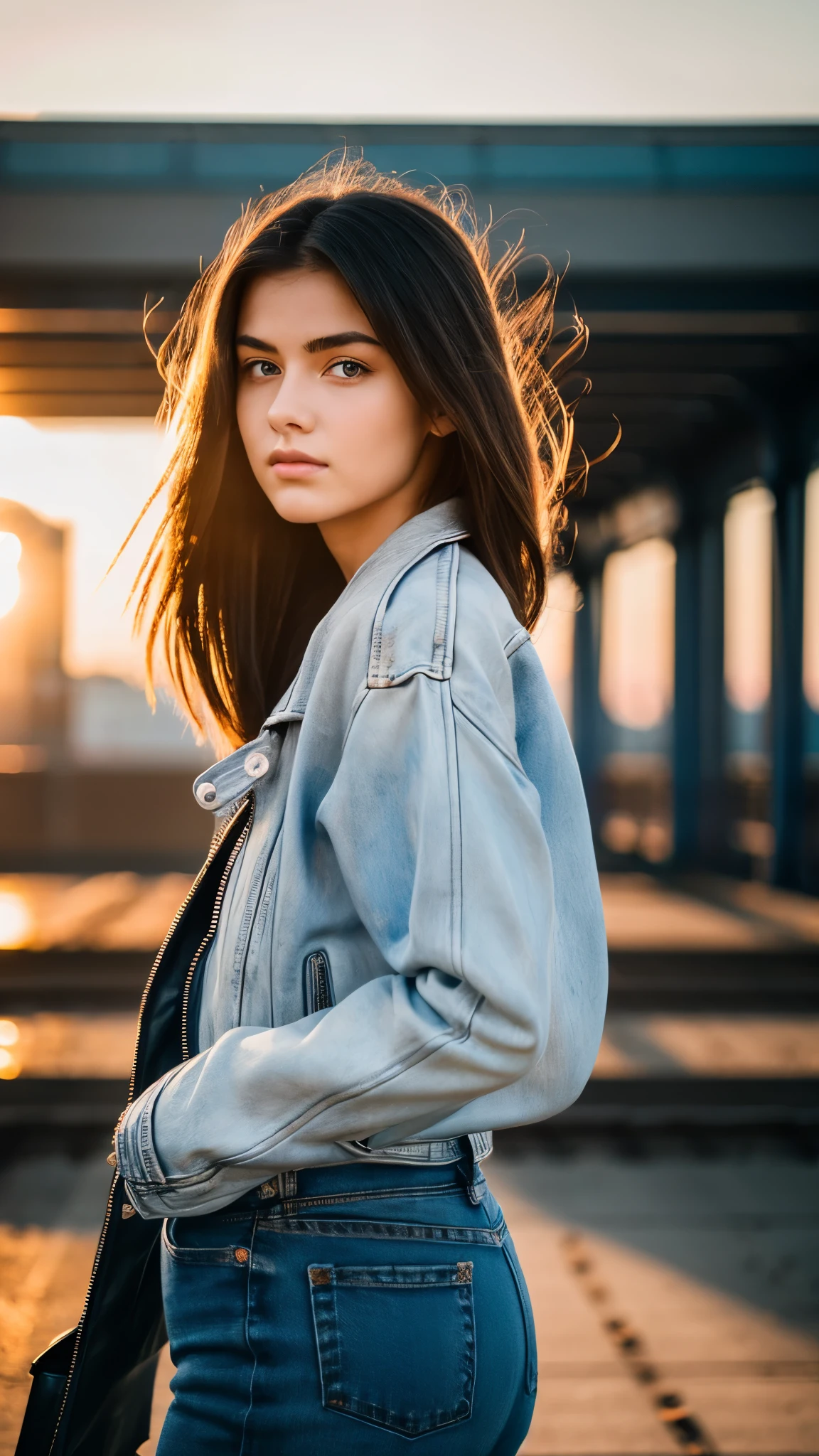 masterpiece, 8K, hyper realistic, 1girl, 20 years old, japanese, walking in a junkyard, leather jacket, blue jeans, hair blown by the wind, sunset, backlight, intricate detail, sharp focus