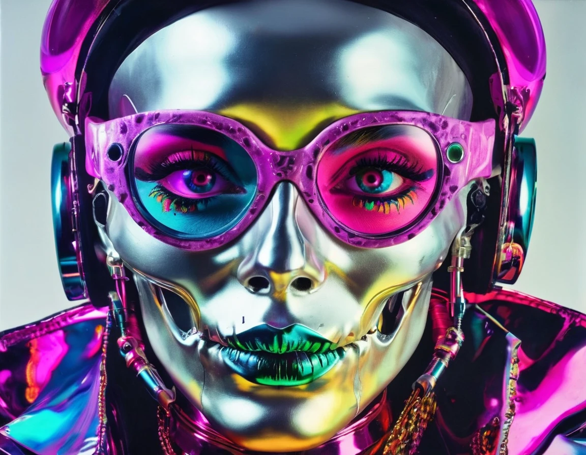 1 woman surreal skull makeup Mystery, in the style of Andy Warhol, vibrant, futuristic, classic, --aspect 16:9 --c 75