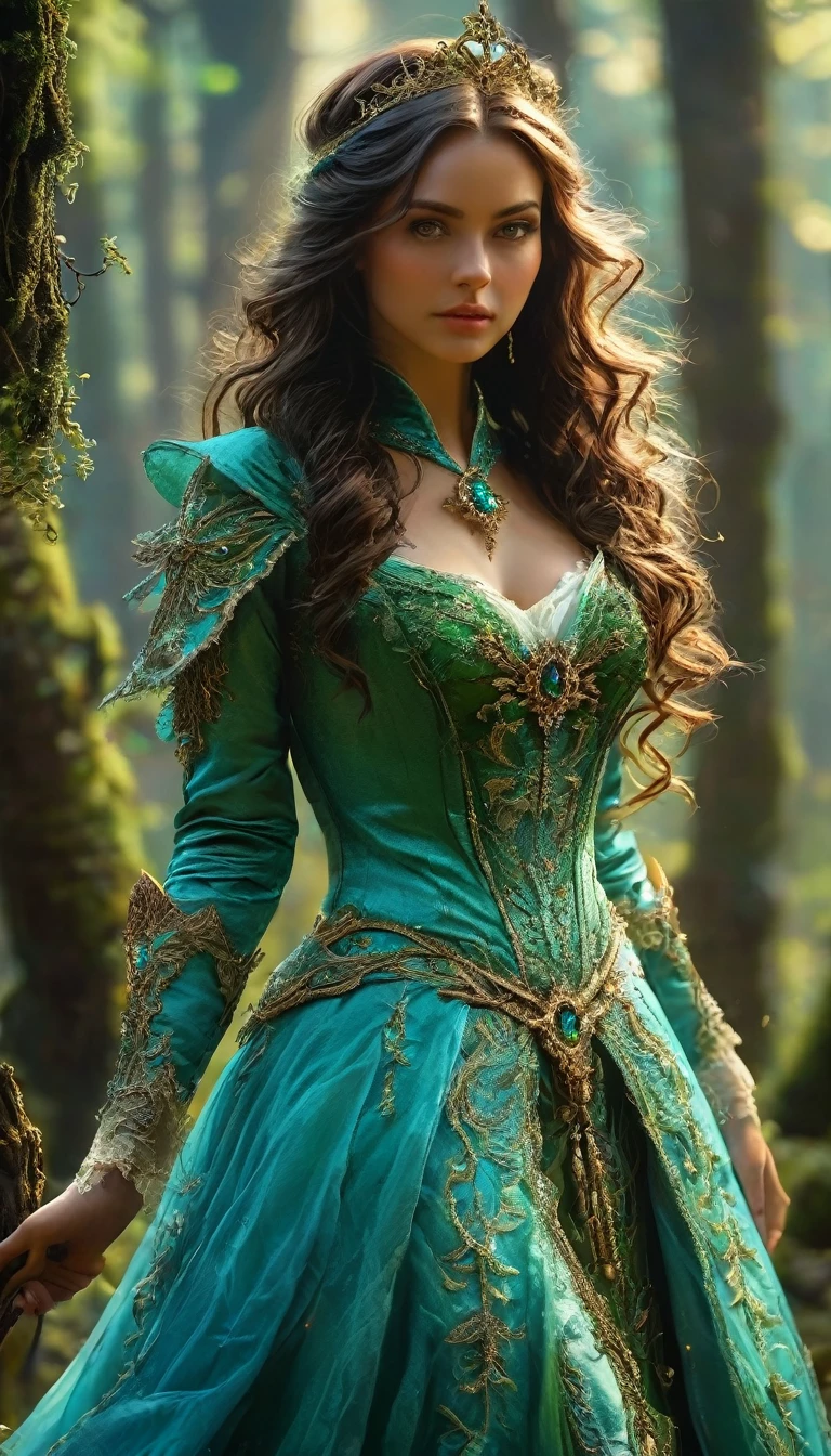 (best quality, 4k, 8k, high resolution, masterpiece: 1.2), (full silhouette: 1.5), ultra-detailed, (realistic, photorealistic, photorealistic: 1.37), Witch, RPG, Sorceress, Magic , Brunette woman, beautiful detailed deep green eyes, beautiful detailed lips, extremely detailed eyes and face, long eyelashes, vibrant and colorful, swirling magical aura, fantasy setting, medieval inspired clothing intricate details, an energy staff in hands casting a Powerful spell, with an air of mystery, dark and enchanting diffuse backlighting, in front of the coven, forest, flowers, beautiful sorceress distinct and detailed features, denoting her beauty and magical abilities.