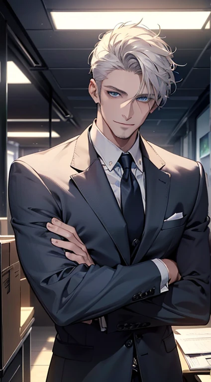 (best quality, masterpiece, 8K, photorealistic, cinematic lighting, hdr image, ultra detailed, beautiful image), 1 man, 31 years old, mature man, very handsome, (without expression, smile), short white hair, blue eyes ( penetrating gaze), perfect face without errors, imposing posture, without errors, businessman, office background