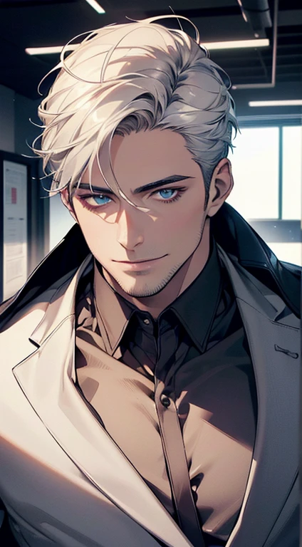 (best quality, masterpiece, 8K, photorealistic, cinematic lighting, hdr image, ultra detailed, beautiful image), 1 man, 31 years old, mature man, very handsome, (without expression, smile), short white hair, blue eyes ( penetrating gaze), perfect face without errors, imposing posture, without errors, businessman, office background